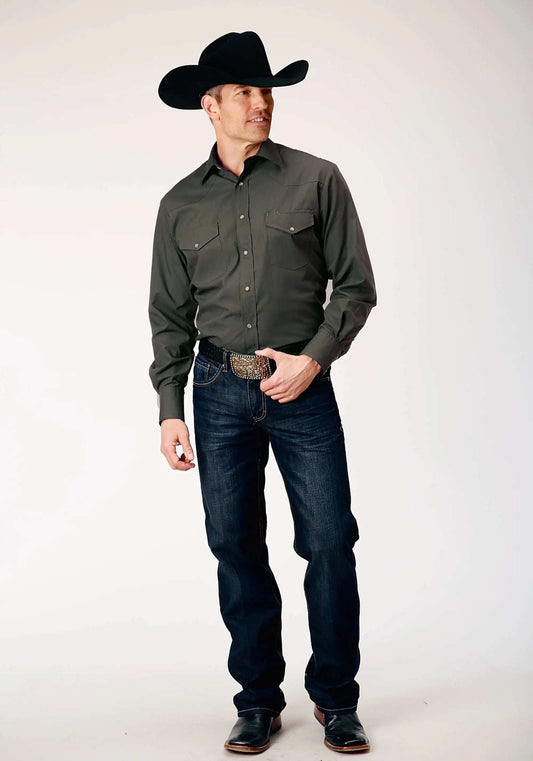 Roper Mens Long Sleeve Snap Dark Charcoal Grey Solid Broadcloth Western Shirt - Roper - Flyclothing LLC