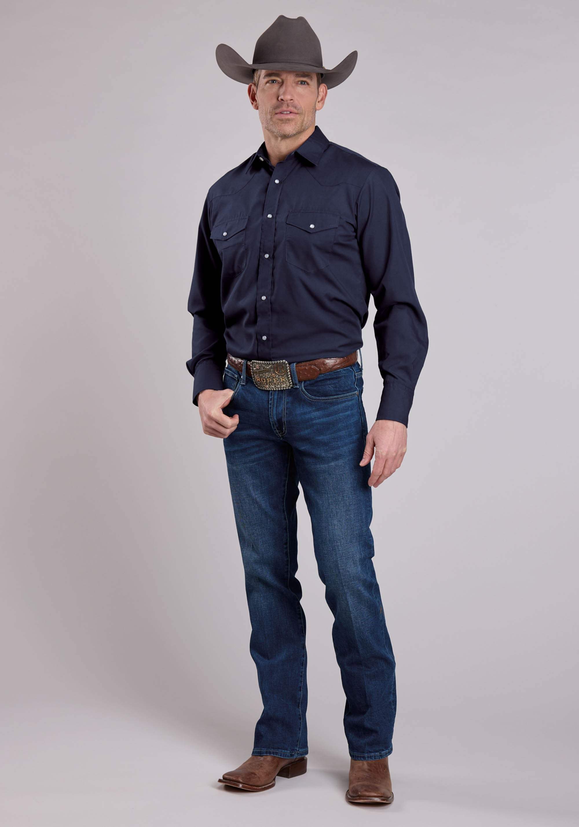 Roper Mens Long Sleeve Snap Solid Broadcloth - Deep Navy Western Shirt - Roper - Flyclothing LLC