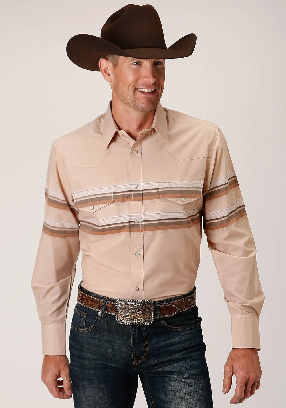 Roper Mens Long Sleeve Snap Tan And Brown Border Stripe Western Shirt - Roper