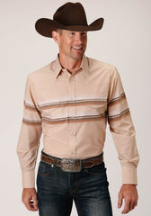 Roper Mens Long Sleeve Snap Tan And Brown Border Stripe Western Shirt - Roper