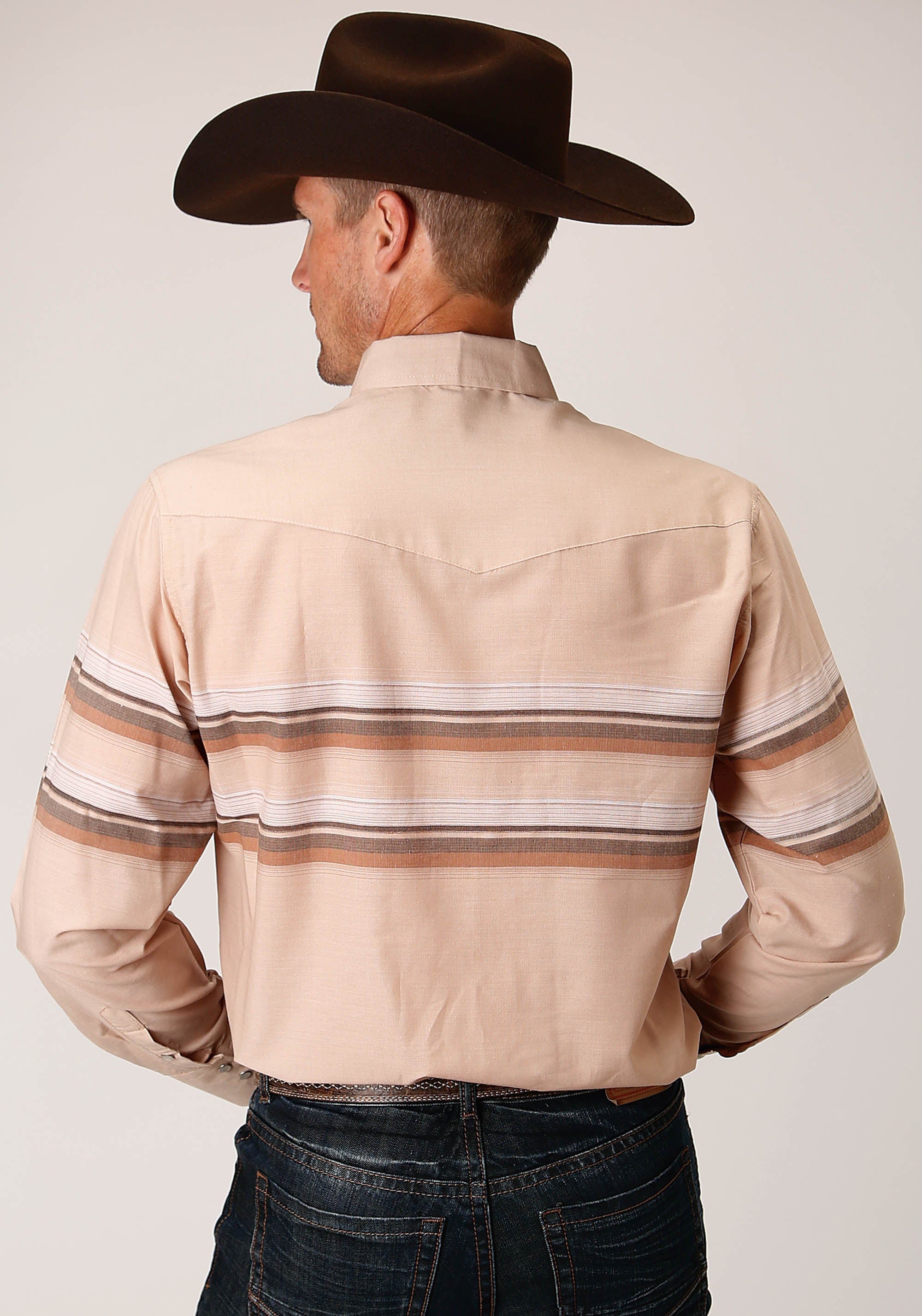 Roper Mens Long Sleeve Snap Tan And Brown Border Stripe Western Shirt - Roper