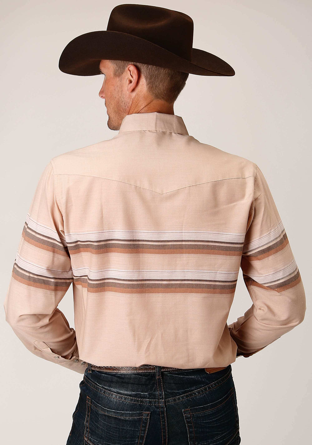 Roper Mens Long Sleeve Snap Tan And Brown Border Stripe Western Shirt - Roper - Flyclothing LLC