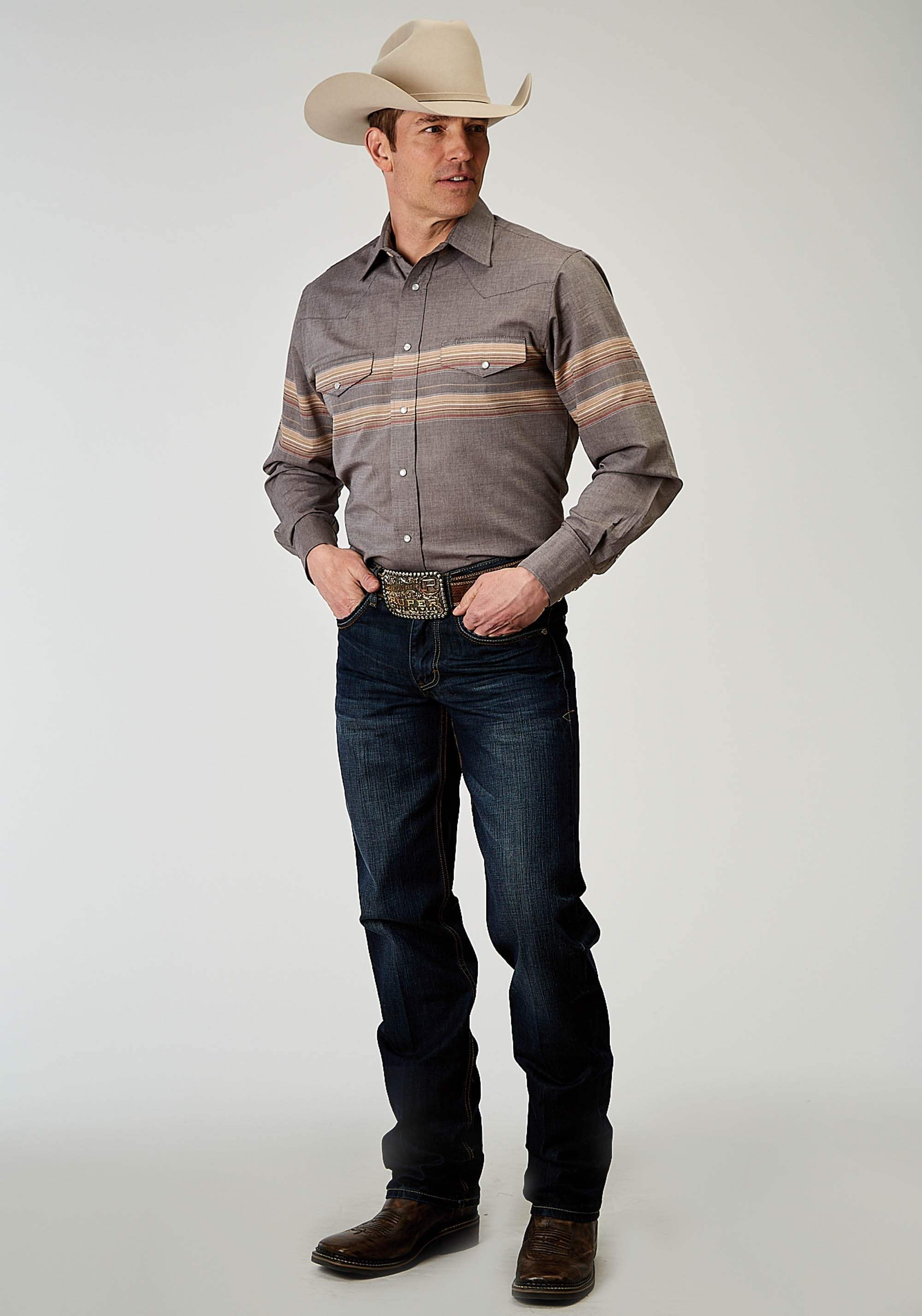 Roper Mens Long Sleeve Snap Border Stripe Western Shirt - Roper - Flyclothing LLC