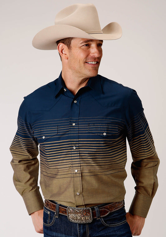 Roper Mens Long Sleeve Snap Navy And Khaki Border Stripe Western Shirt - Roper