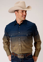 Roper Mens Long Sleeve Snap Navy And Khaki Border Stripe Western Shirt - Roper