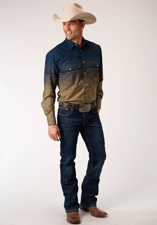 Roper Mens Long Sleeve Snap Navy And Khaki Border Stripe Western Shirt - Roper