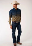 Roper Mens Long Sleeve Snap Navy And Khaki Border Stripe Western Shirt - Roper
