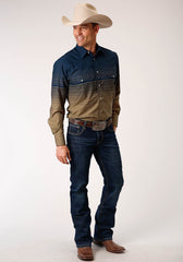Roper Mens Long Sleeve Snap Navy And Khaki Border Stripe Western Shirt - Roper