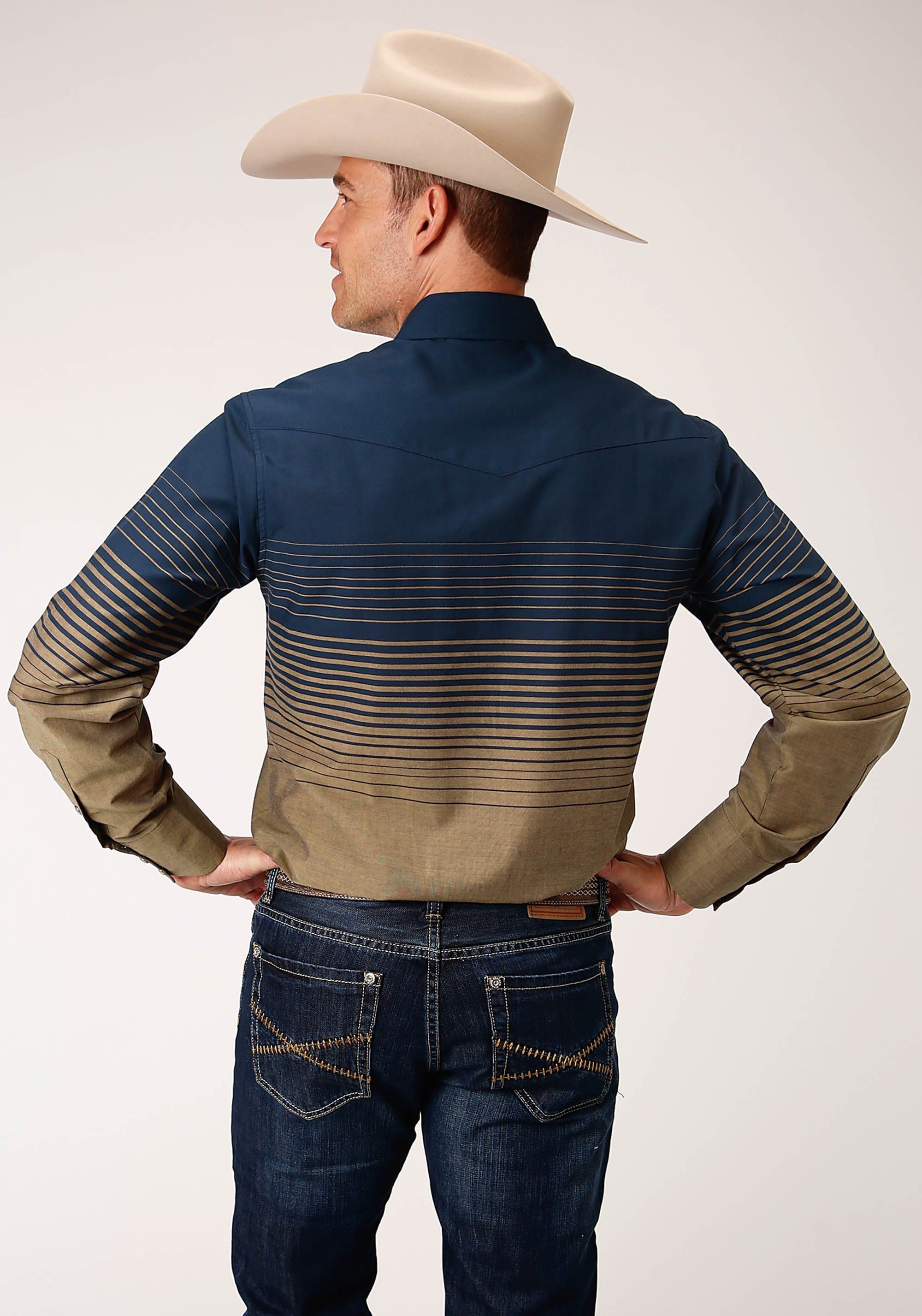 Roper Mens Long Sleeve Snap Navy And Khaki Border Stripe Western Shirt - Roper