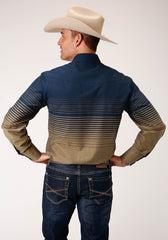 Roper Mens Long Sleeve Snap Navy And Khaki Border Stripe Western Shirt - Roper