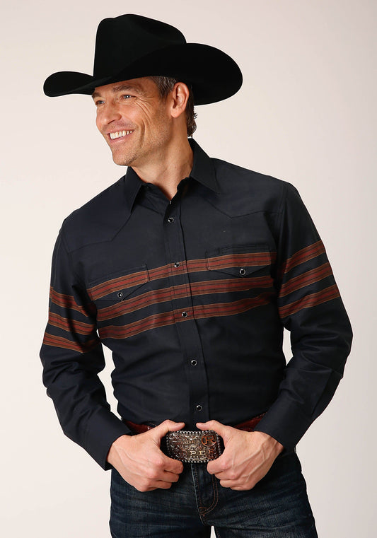 Roper Mens Long Sleeve Snap Black W Saddle Brown Border Stripe Western Shirt - Roper