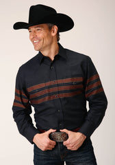 Roper Mens Long Sleeve Snap Black W Saddle Brown Border Stripe Western Shirt - Roper