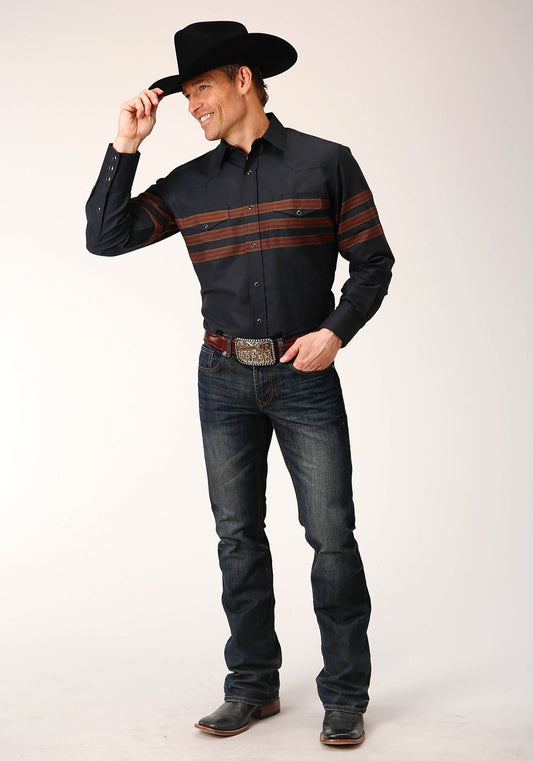 Roper Mens Long Sleeve Snap Black W Saddle Brown Border Stripe Western Shirt - Roper