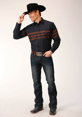 Roper Mens Long Sleeve Snap Black W Saddle Brown Border Stripe Western Shirt - Roper