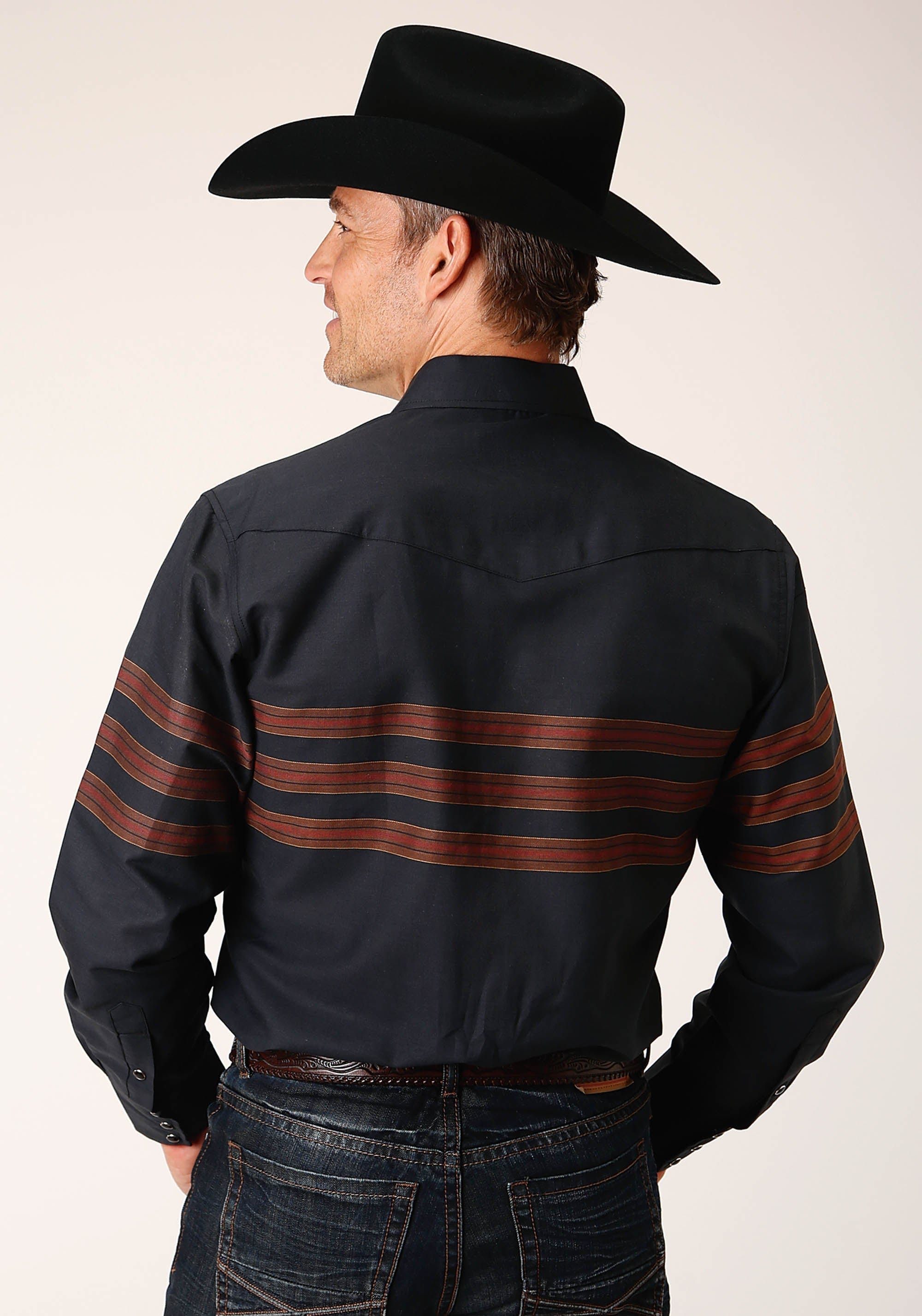 Roper Mens Long Sleeve Snap Black W Saddle Brown Border Stripe Western Shirt - Roper