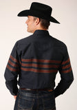 Roper Mens Long Sleeve Snap Black W Saddle Brown Border Stripe Western Shirt - Roper