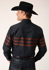 Roper Mens Long Sleeve Snap Black W Saddle Brown Border Stripe Western Shirt - Roper