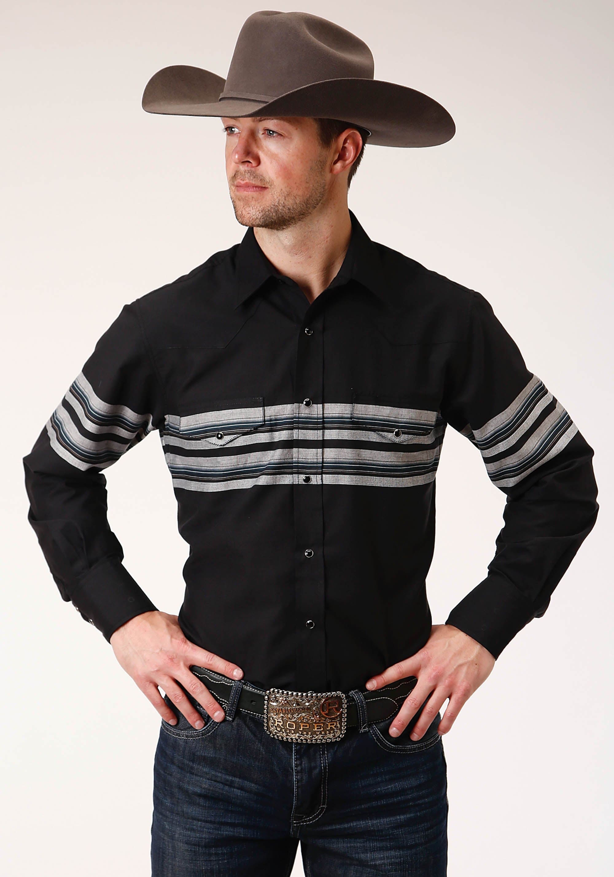 Roper Mens Long Sleeve Snap Black And Grey Border Stripe Western Shirt - Roper