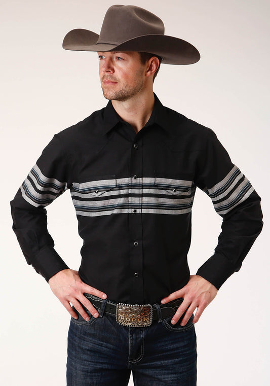 Roper Mens Long Sleeve Snap Black And Grey Border Stripe Western Shirt - Roper