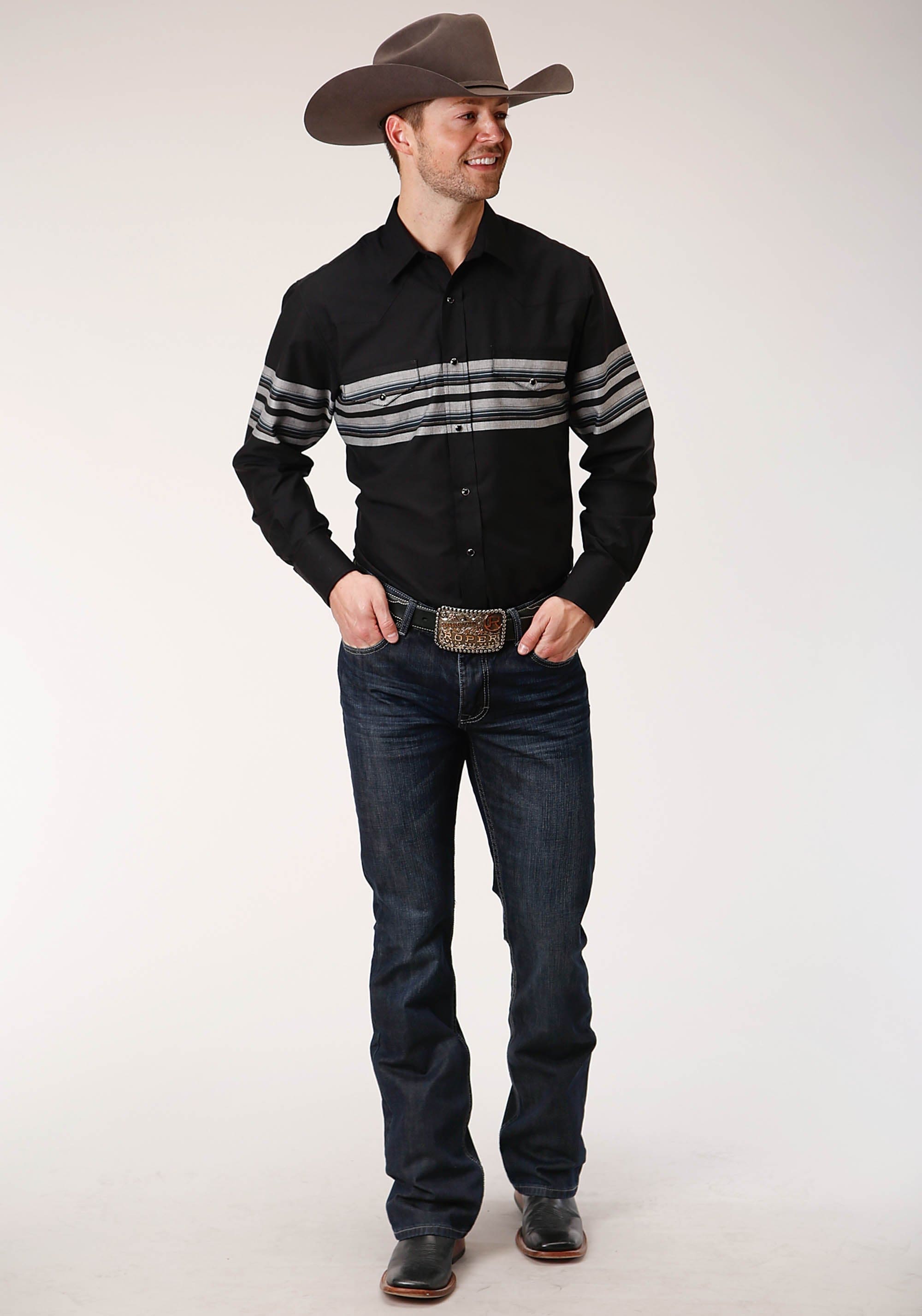 Roper Mens Long Sleeve Snap Black And Grey Border Stripe Western Shirt - Roper
