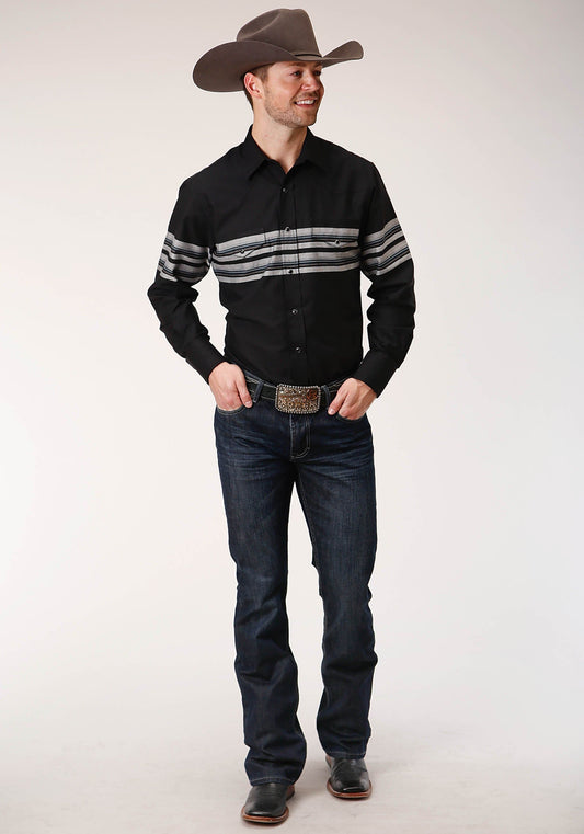 Roper Mens Long Sleeve Snap Black And Grey Border Stripe Western Shirt - Roper
