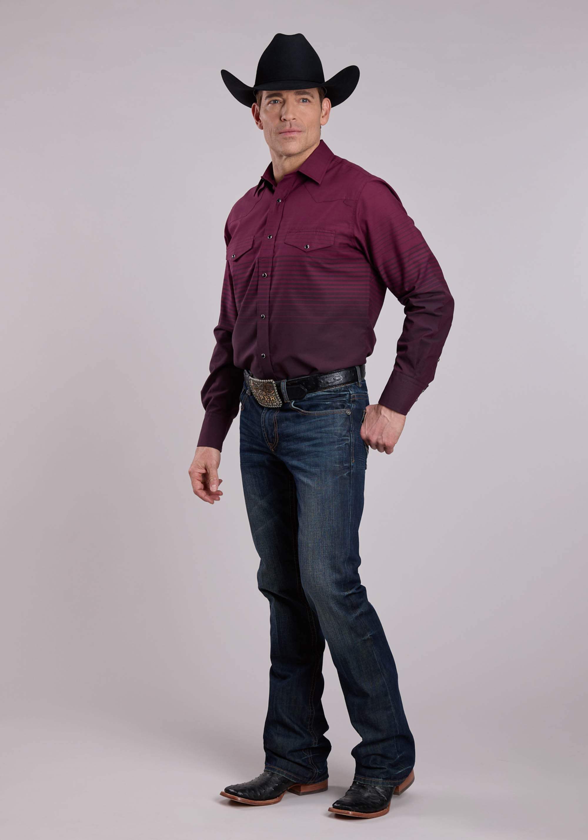 Mens Roper Wine Black Border Stripe Long Sleeve Snap Shirt - Roper - Flyclothing LLC