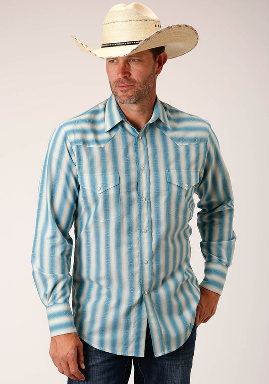 Roper Mens Long Sleeve Snap Aqua  And Cream Ombre Stripe Western Shirt - Roper