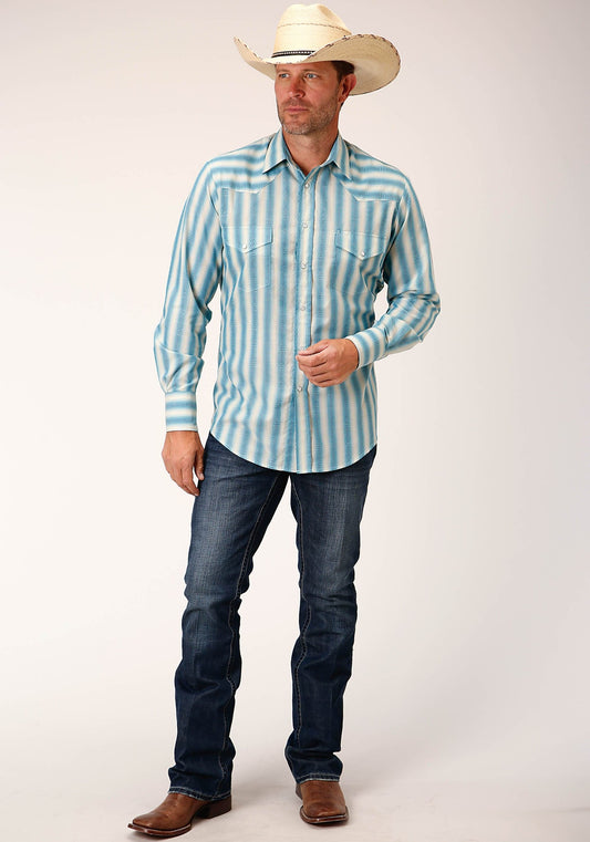Roper Mens Long Sleeve Snap Aqua  And Cream Ombre Stripe Western Shirt - Roper