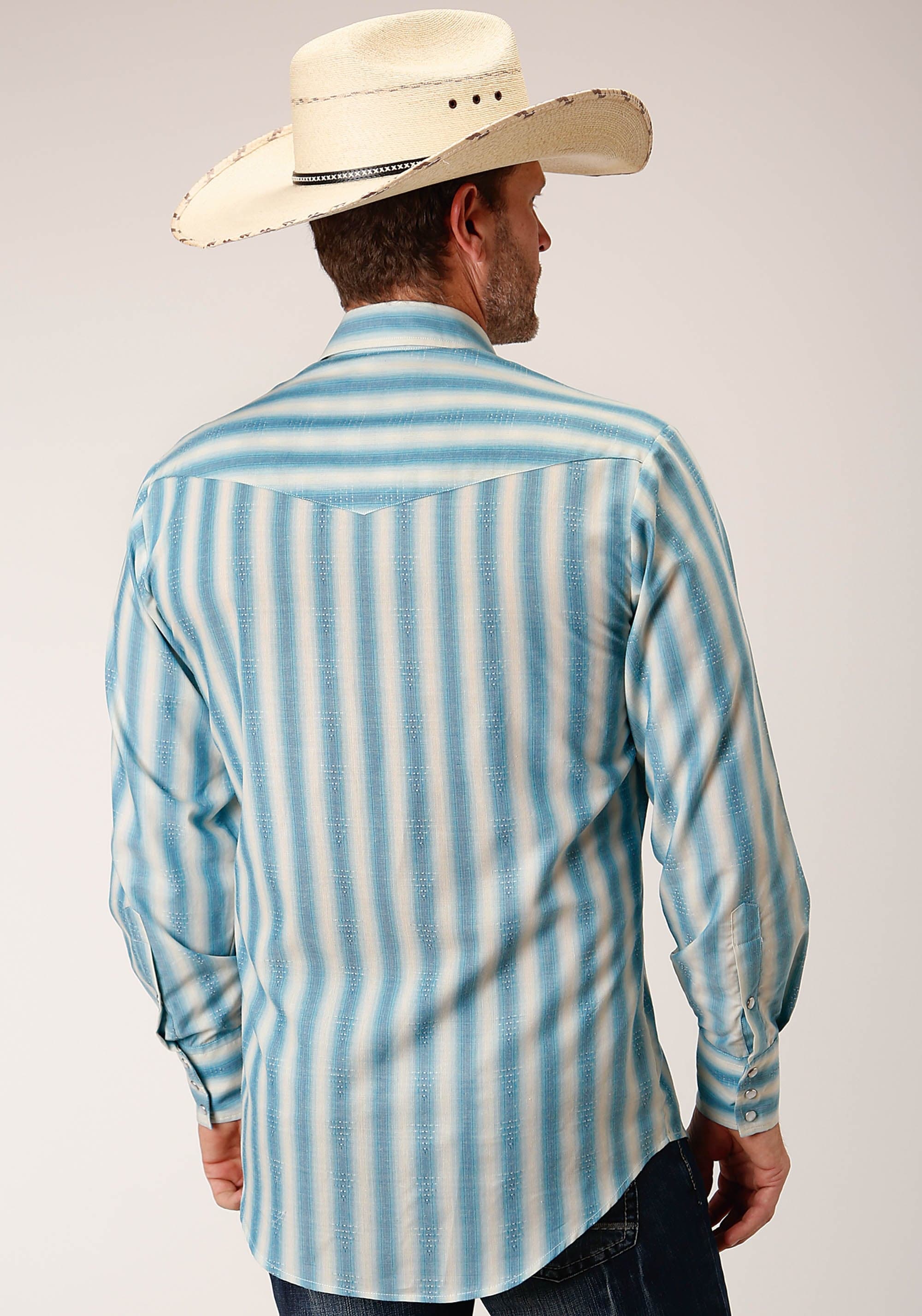 Roper Mens Long Sleeve Snap Aqua  And Cream Ombre Stripe Western Shirt - Roper
