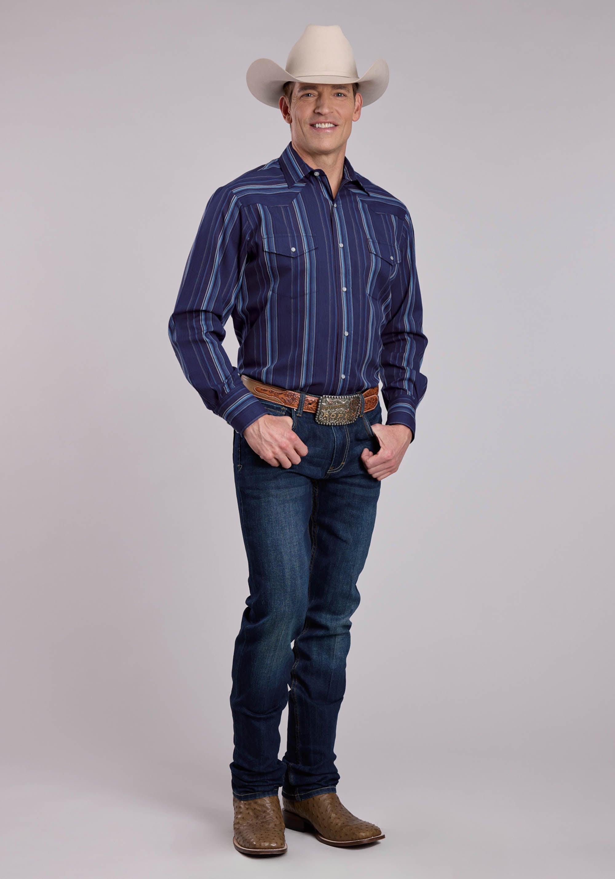 Mens Roper Navy Stripe Long Sleeve Snap Shirt