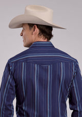 Mens Roper Navy Stripe Long Sleeve Snap Shirt