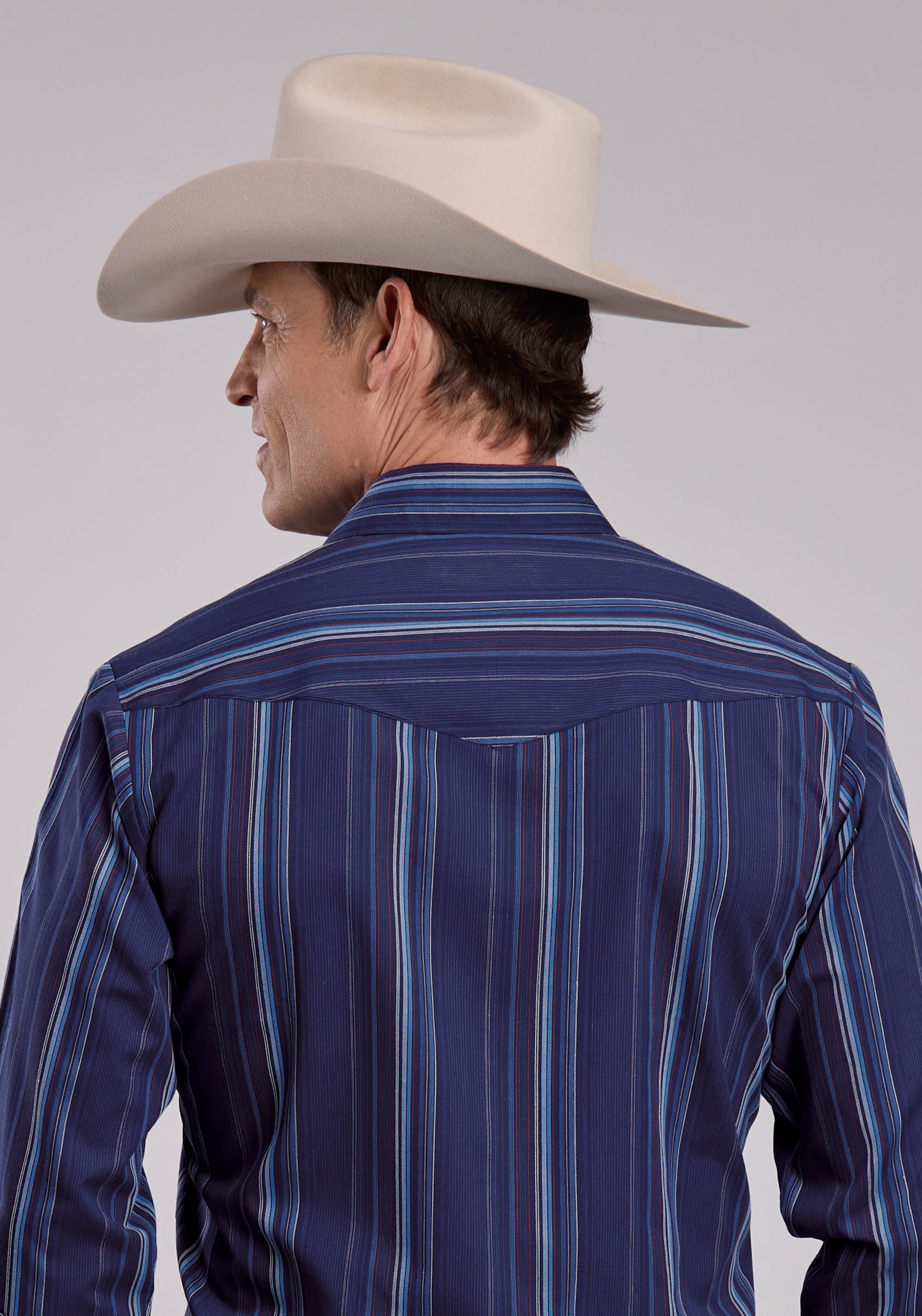 Mens Roper Navy Stripe Long Sleeve Snap Shirt