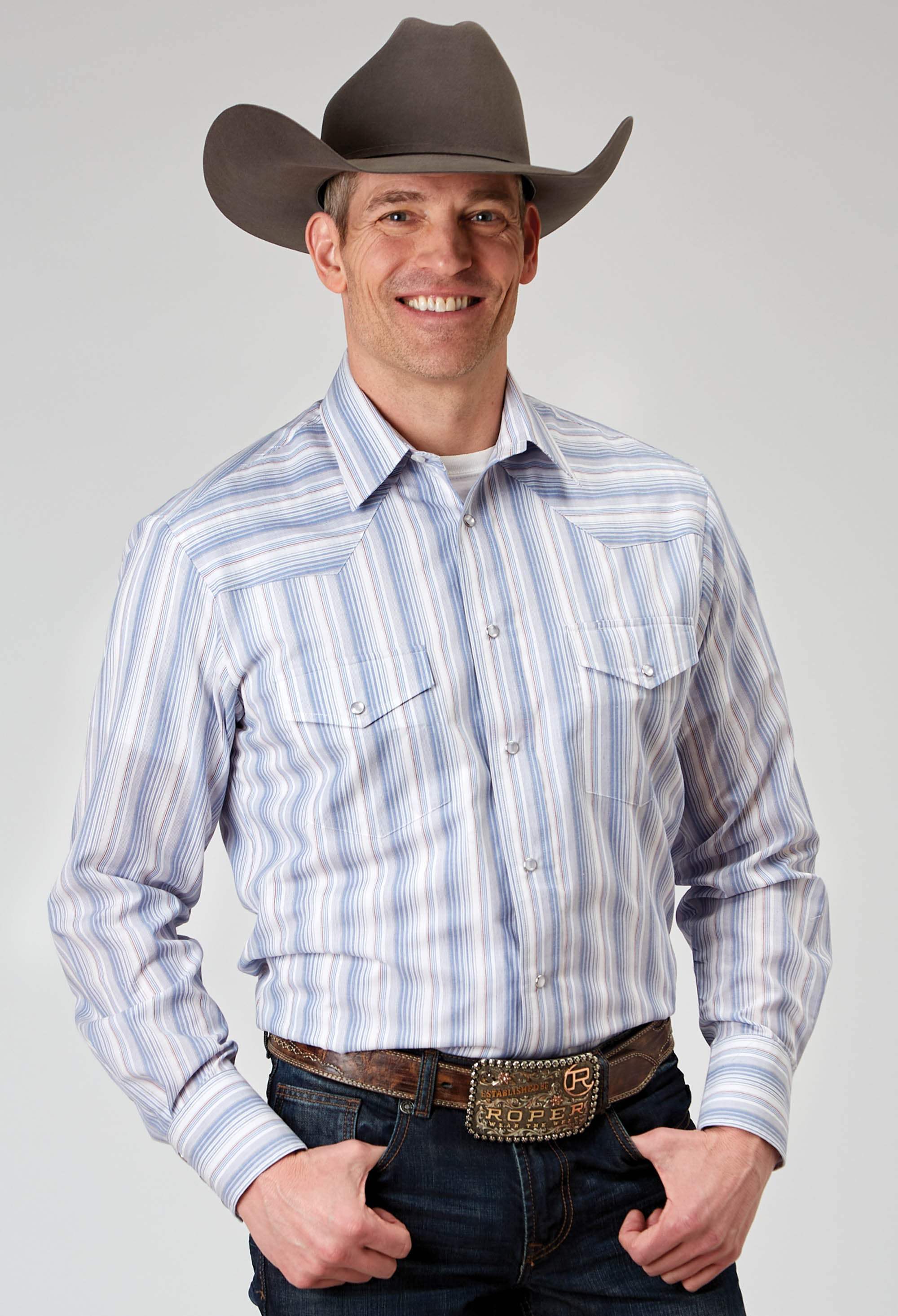 Roper Mens Long Sleeve Snap Blue Stripe Western Shirt - Roper - Flyclothing LLC