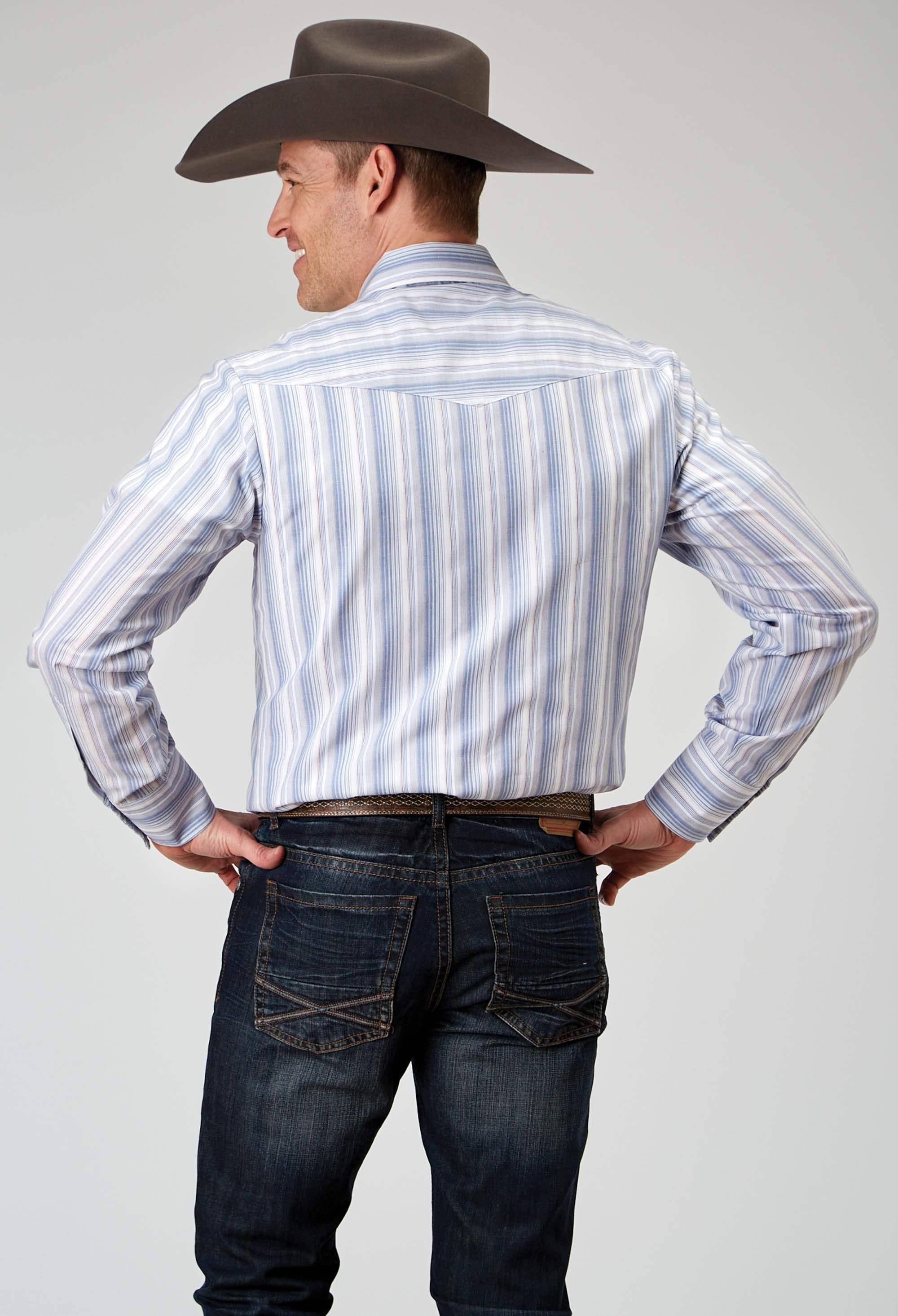 Roper Mens Long Sleeve Snap Blue Stripe Western Shirt - Roper - Flyclothing LLC