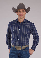 Roper Mens Long Sleeve Snap Navy Brown Stripe Western Shirt