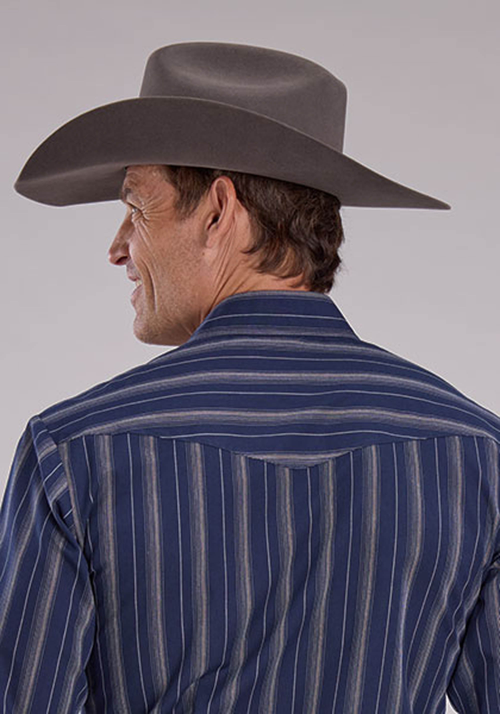Roper Mens Long Sleeve Snap Navy Brown Stripe Western Shirt