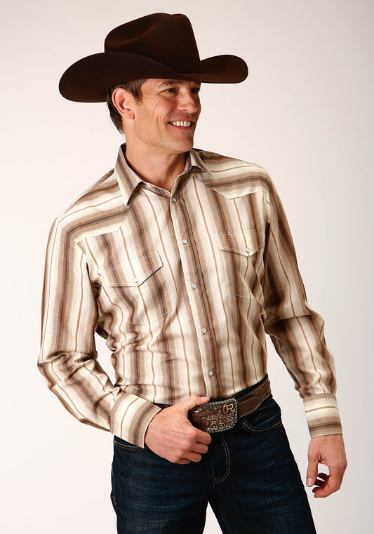 Roper Mens Long Sleeve Snap Brown And Cream Ombre Stripe Western Shirt - Roper