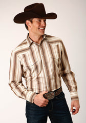Roper Mens Long Sleeve Snap Brown And Cream Ombre Stripe Western Shirt - Roper