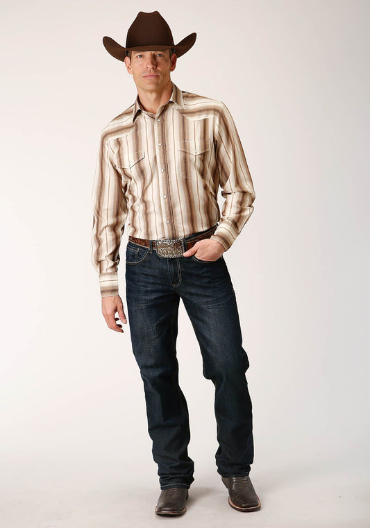 Roper Mens Long Sleeve Snap Brown And Cream Ombre Stripe Western Shirt - Roper