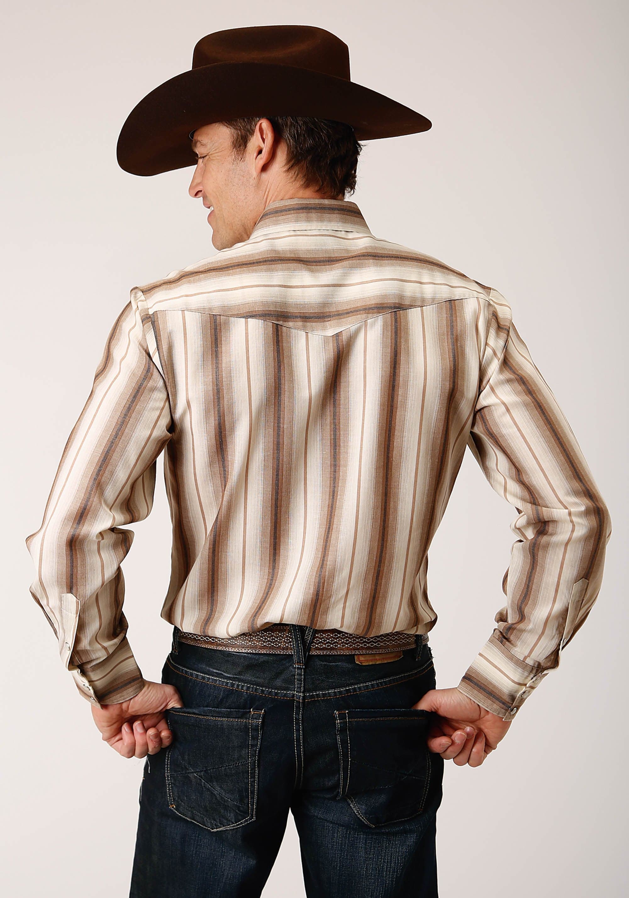 Roper Mens Long Sleeve Snap Brown And Cream Ombre Stripe Western Shirt - Roper