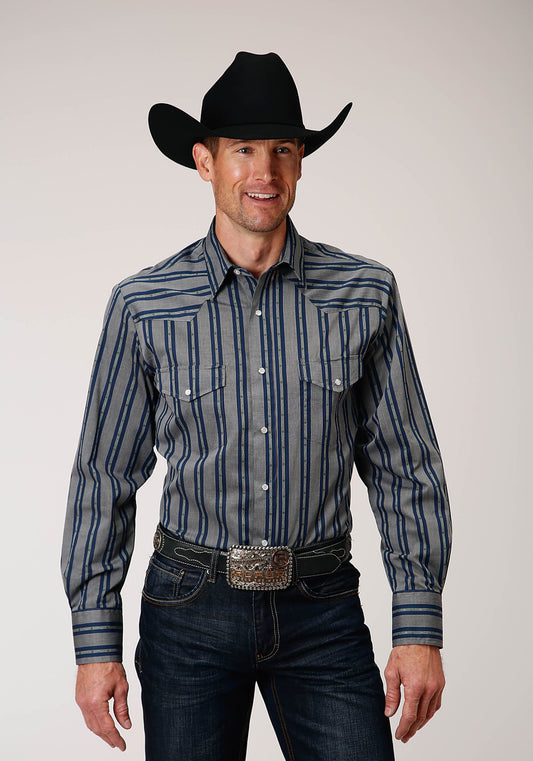 Roper Mens Long Sleeve Snap Wide Blue Dobby Stripe Western Shirt - Roper