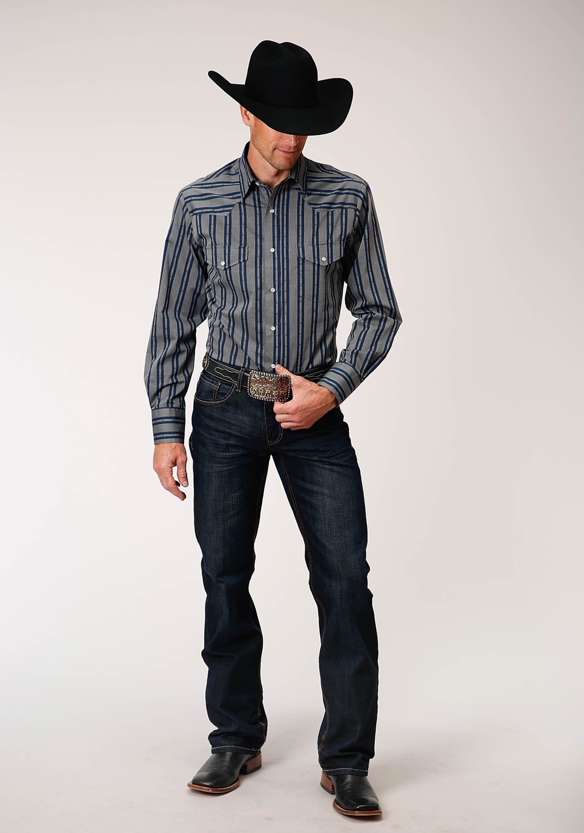 Roper Mens Long Sleeve Snap Wide Blue Dobby Stripe Western Shirt - Roper