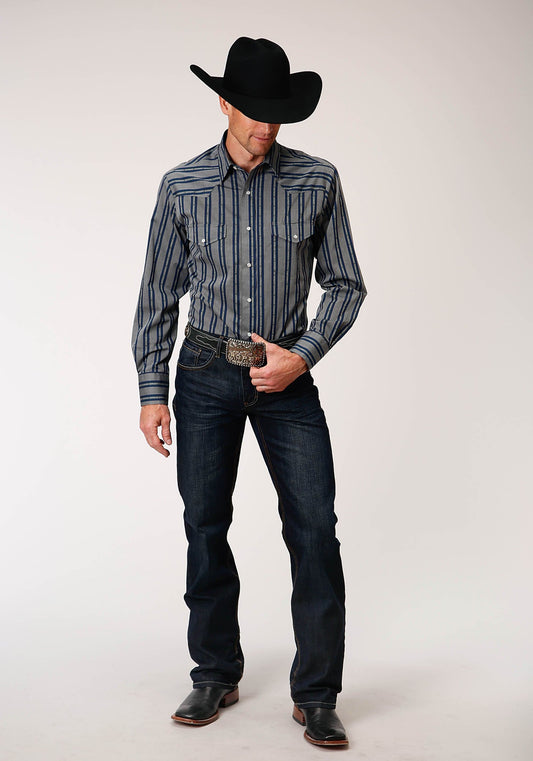 Roper Mens Long Sleeve Snap Wide Blue Dobby Stripe Western Shirt - Roper