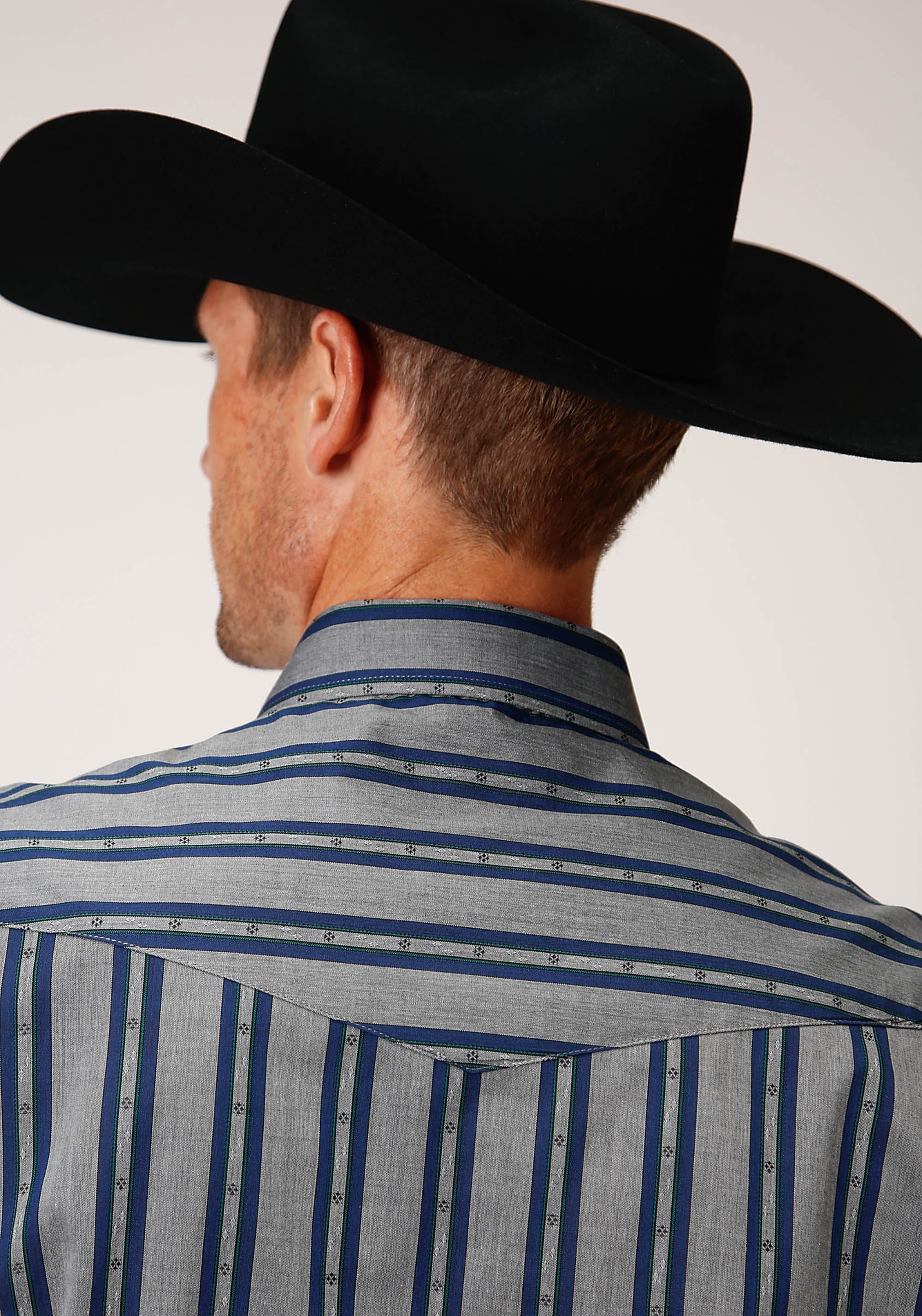 Roper Mens Long Sleeve Snap Wide Blue Dobby Stripe Western Shirt - Roper