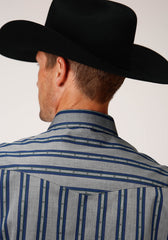 Roper Mens Long Sleeve Snap Wide Blue Dobby Stripe Western Shirt - Roper
