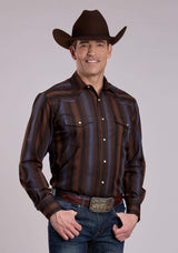 Roper Mens Long Sleeve Snap Brown Blue Wide Stripe Western Shirt - Roper - Flyclothing LLC
