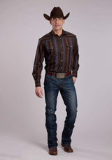 Roper Mens Long Sleeve Snap Brown Blue Wide Stripe Western Shirt - Roper - Flyclothing LLC
