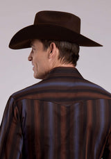 Roper Mens Long Sleeve Snap Brown Blue Wide Stripe Western Shirt - Roper - Flyclothing LLC