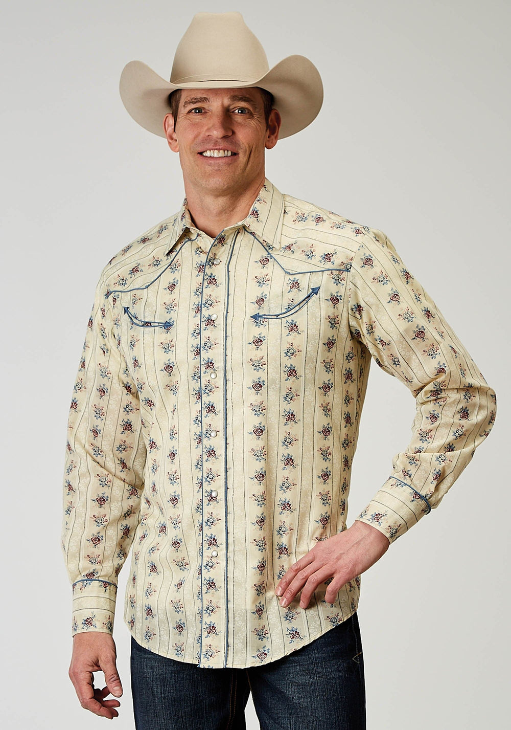 Roper Mens Long Sleeve Snap Floral Stripe Western Shirt With Solid Piping On Front And Back Yokes Smile Pockets - Roper