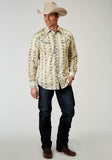 Roper Mens Long Sleeve Snap Floral Stripe Western Shirt With Solid Piping On Front And Back Yokes Smile Pockets - Roper
